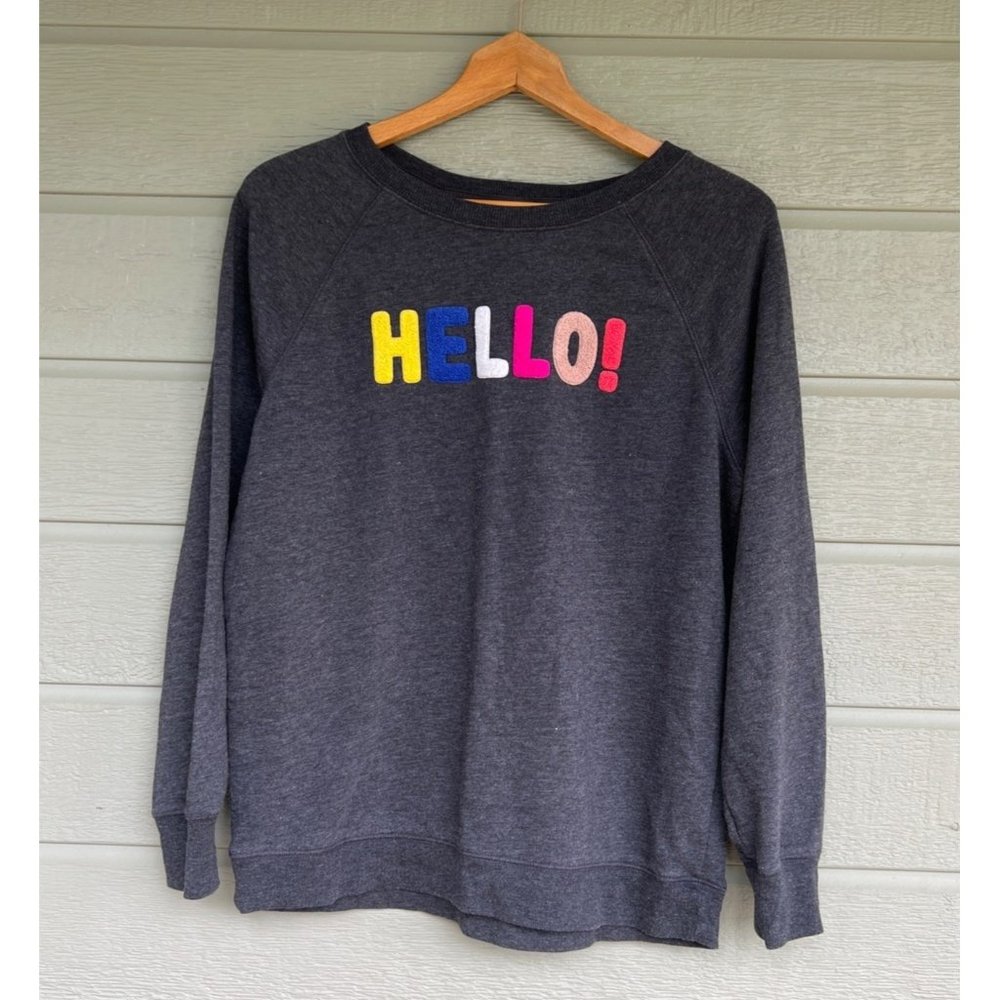 Dark Gray Crew Neck Sweater with Colorful 'HELLO!' #0086
